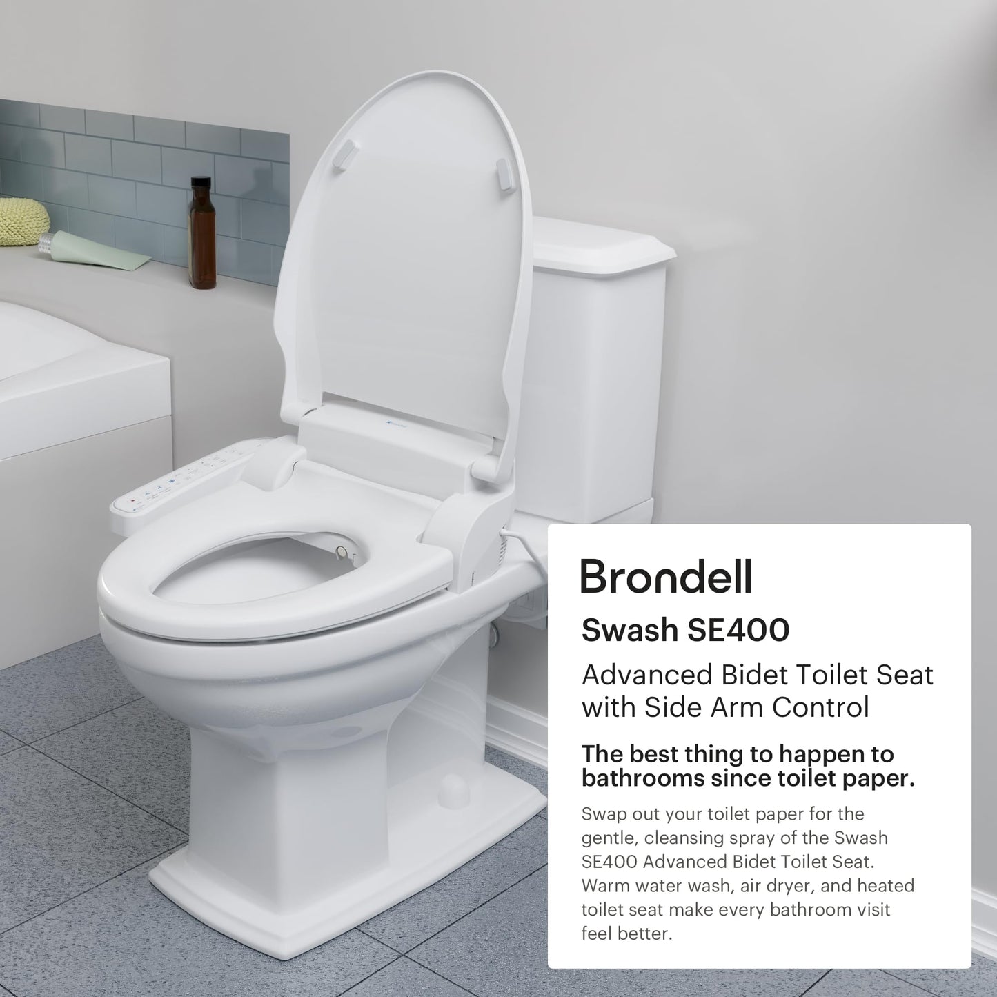 Brondell SE400-EW Swash SE400 Electric Bidet Toilet Seat With Heated Seat, Oscillating Stainless Steel Nozzle, Warm Air Dryer, Night Light, Gentle Close Lid, White Side Arm Control, Elongated