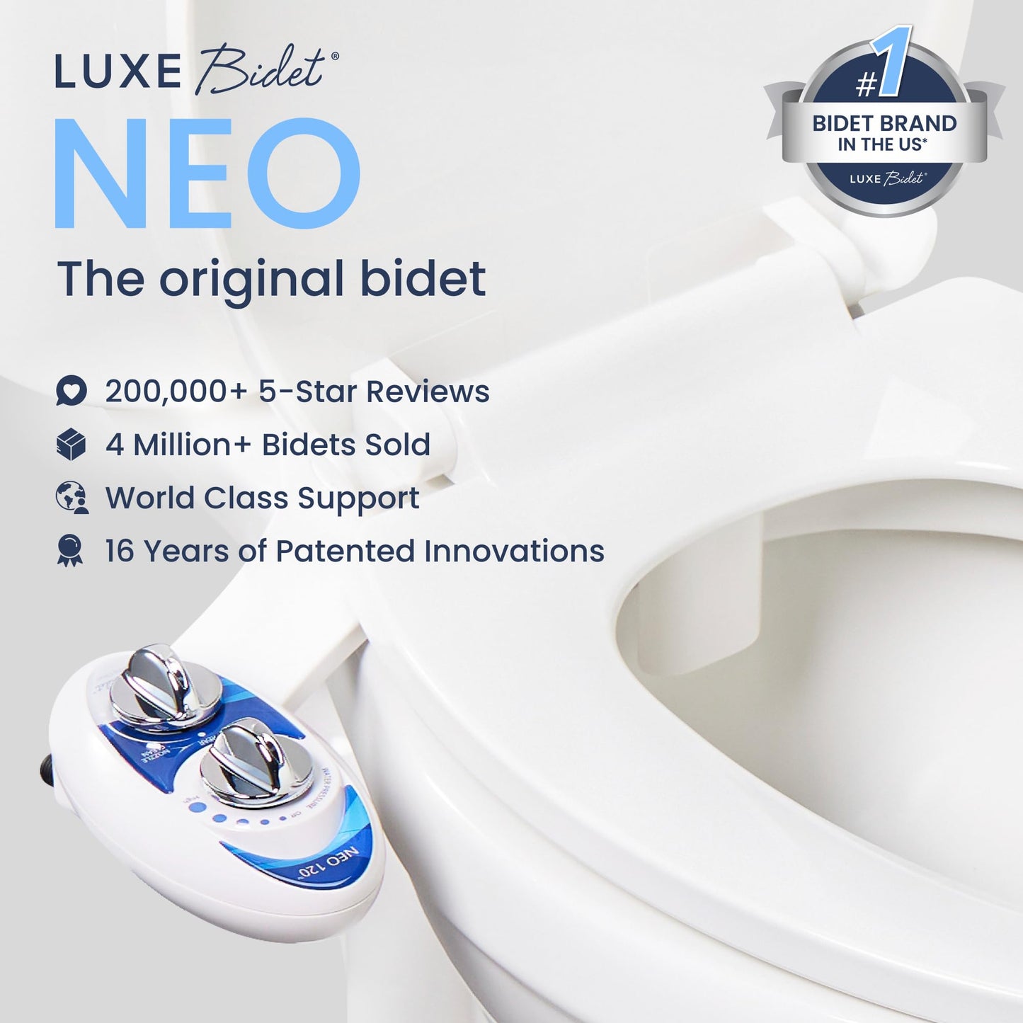 LUXE Bidet NEO 120 - Self-Cleaning Nozzle, Fresh Water Non-Electric Bidet Attachment for Toilet Seat, Adjustable Water Pressure, Rear Wash (White)