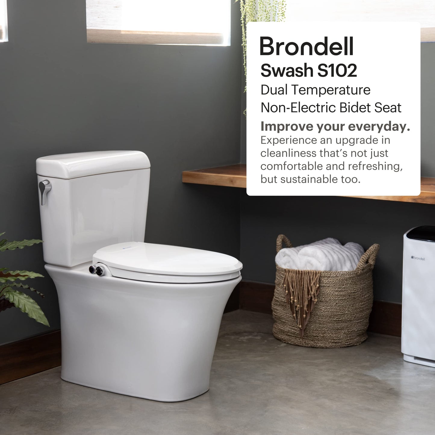 Brondell Swash Bidet Toilet Seat, Non-Electric, Dual Temperature, Fits Round Toilets, White – Dual Nozzle System – with Easy Installation